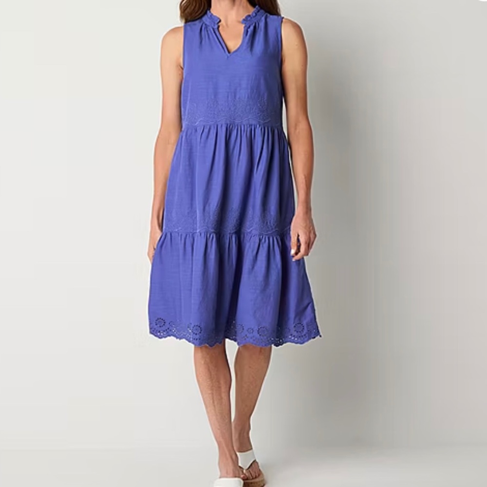 St.John's Bay Sleeveless embroidered A-line dress, Blue, NWT, sz M